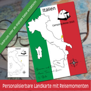 Reiseposter mit dem Umriss von Italien, individuell anpassbar mit Passendem Reisefahrzeug, Jahr und Namen der Teilnehmer