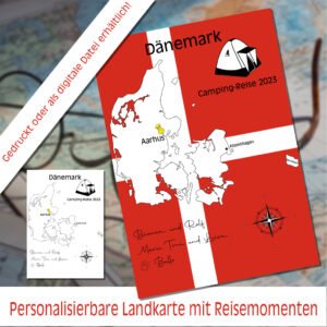 Reiseposter mit dem Umriss von Dänemark, individuell anpassbar mit Passendem Reisefahrzeug, Jahr und Namen der Teilnehmer