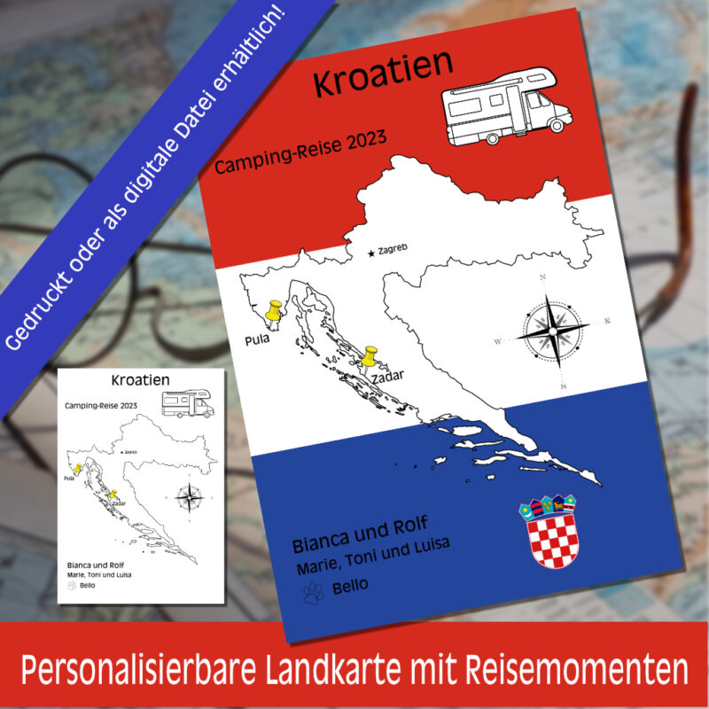 Reiseposter mit dem Umriss von Kroatien, individuell anpassbar mit Passendem Reisefahrzeug, Jahr und Namen der Teilnehmer
