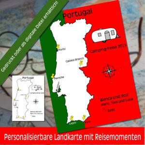 Reiseposter mit dem Umriss von Portugal, individuell anpassbar mit Passendem Reisefahrzeug, Jahr und Namen der Teilnehmer