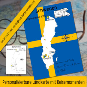 Reiseposter mit dem Umriss von Schweden, individuell anpassbar mit Passendem Reisefahrzeug, Jahr und Namen der Teilnehmer
