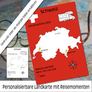 Reiseposter mit dem Umriss von Spanien, individuell anpassbar mit Passendem Reisefahrzeug, Jahr und Namen der Teilnehmer