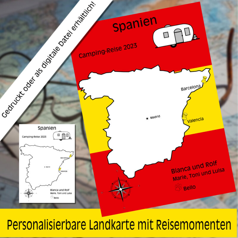 Reiseposter mit dem Umriss von Spanien, individuell anpassbar mit Passendem Reisefahrzeug, Jahr und Namen der Teilnehmer