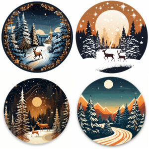 Weihnachtssticker, Sticker rund mit Wintermotiven