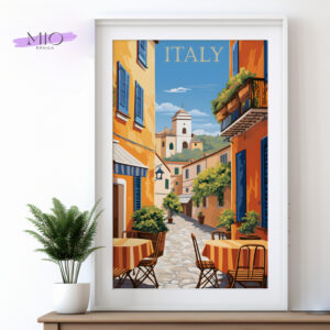 Travel Poster zeigt ein Strassencafe in einer kleinen italienischen Stadt in der Toscana. Ein buntes Bild in den typischen Farben der Toscana.