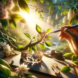 Das Bild fängt die Inspiration durch die Natur für das Design des „Flora“-Armbands ein. Zu sehen ist eine verträumte surreale Szene, in der eine Hand mit Oinsel in den Fingern zu sehen ist, und eie Art Arbeitstisch in mitten von dschungelähnlichen Pflanzen im gleisenden Licht.