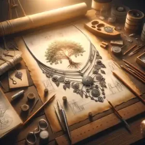 Ein alter Holz-Schreibtisch auf dem ein altes Stück Papier liegt. Darauf sind Skizzenzeichnungen zu sehen und darauf liegt eine Halskette, inspiriert von fernen Ländern.