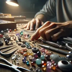 Ein Ateliertisch voller Perlen, die eine Person gerade zu Schmuck verarbeitet.