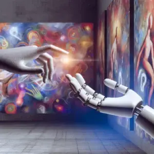 Bunte, große Gemälde hängen an der Wand und es sind 2 Hände zu sehen. Eine Menschliche Hand und eine Hand eines Roboters, die zusammenfinden wollen