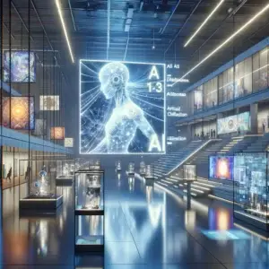 Große futuristische Halle mit vielen Ausstellungsvitrinen. Ein großer LED Bildschirm in der Mitte des Bildes zeigt eine Künstliche Intelligenz in Frauengestalt