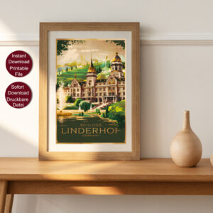 Retro Travel Poster von Schloss Linderhof in Deutschland mit goldener Kuppel, Fontäne und Garten vor grünen Hügeln mit dem Text 'Schloss Linderhof Germany'.