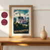 Retro Stil Reise Poster von Schloss Neuschwanstein in Bayern, Deutschland, mit Alpen im Hintergrund und der Aufschrift 'NEUSCHWANSTEIN GERMANY' in goldenen Lettern.