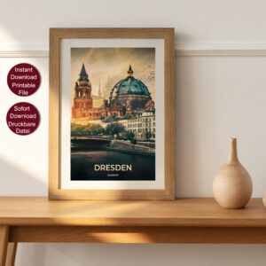 Retro Travel Poster von Dresden mit Blick auf die Elbe und historische Gebäude im Sonnenuntergang, betitelt mit 'DRESDEN GERMANY'.