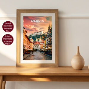 Vintage Reise Poster von Salzburg bei Sonnenuntergang mit Blick auf die Festung Hohensalzburg und historische Gebäude in der Altstadt.