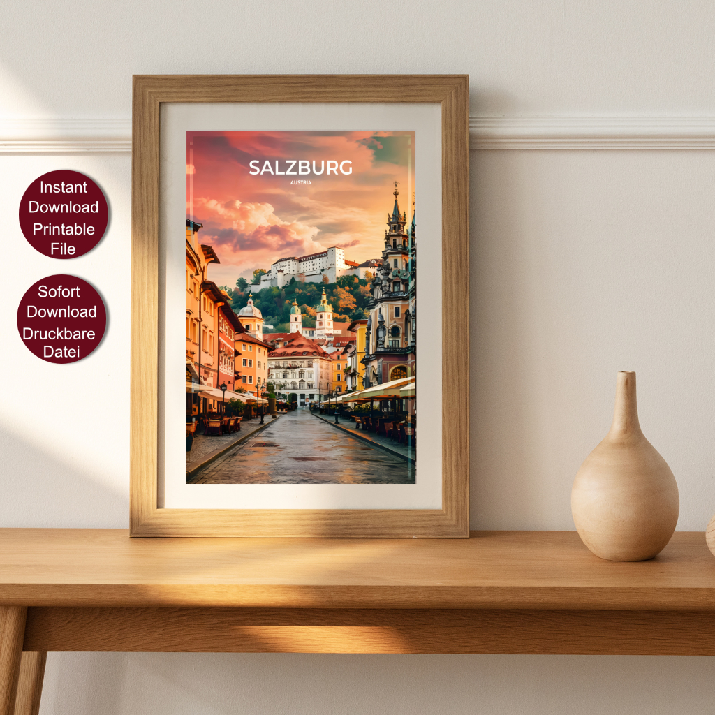 Vintage Reise Poster von Salzburg bei Sonnenuntergang mit Blick auf die Festung Hohensalzburg und historische Gebäude in der Altstadt.
