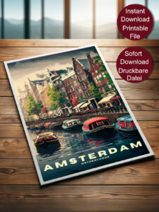 Gerahmtes Reise Poster mit einer typischen Szene in Amsterdam. Boote auf einem Kanal durch Amsterdam, an der Kaimauer entlang sind Straßencafés