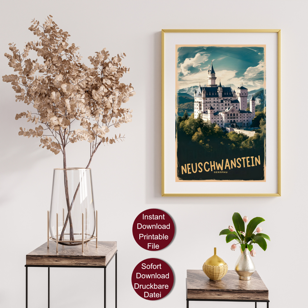 Retro Stil Reise Poster von Schloss Neuschwanstein in Bayern, Deutschland, mit Alpen im Hintergrund und der Aufschrift 'NEUSCHWANSTEIN GERMANY' in goldenen Lettern.