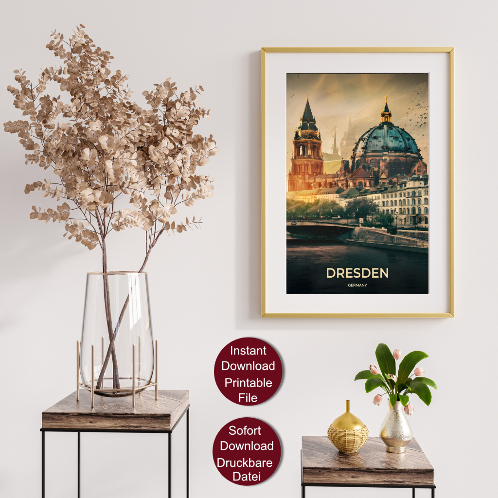 Retro Travel Poster von Dresden mit Blick auf die Elbe und historische Gebäude im Sonnenuntergang, betitelt mit 'DRESDEN GERMANY'.