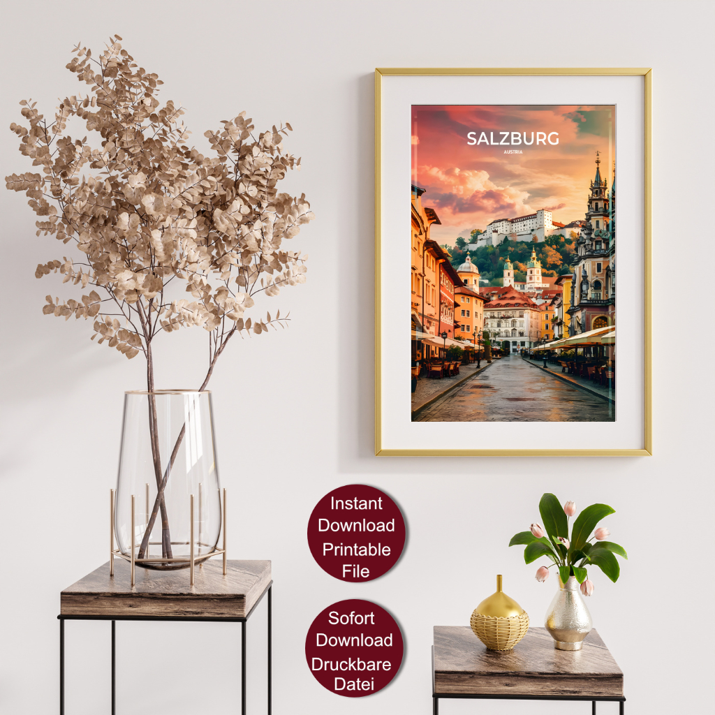 Vintage Reise Poster von Salzburg bei Sonnenuntergang mit Blick auf die Festung Hohensalzburg und historische Gebäude in der Altstadt.