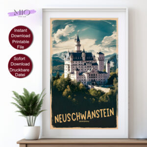 Retro Stil Reise Poster von Schloss Neuschwanstein in Bayern, Deutschland, mit Alpen im Hintergrund und der Aufschrift 'NEUSCHWANSTEIN GERMANY' in goldenen Lettern.