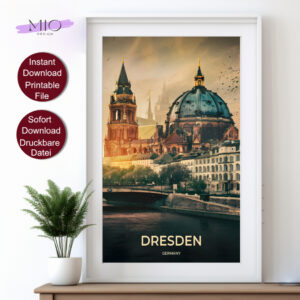 Retro Travel Poster von Dresden mit Blick auf die Elbe und historische Gebäude im Sonnenuntergang, betitelt mit 'DRESDEN GERMANY'.
