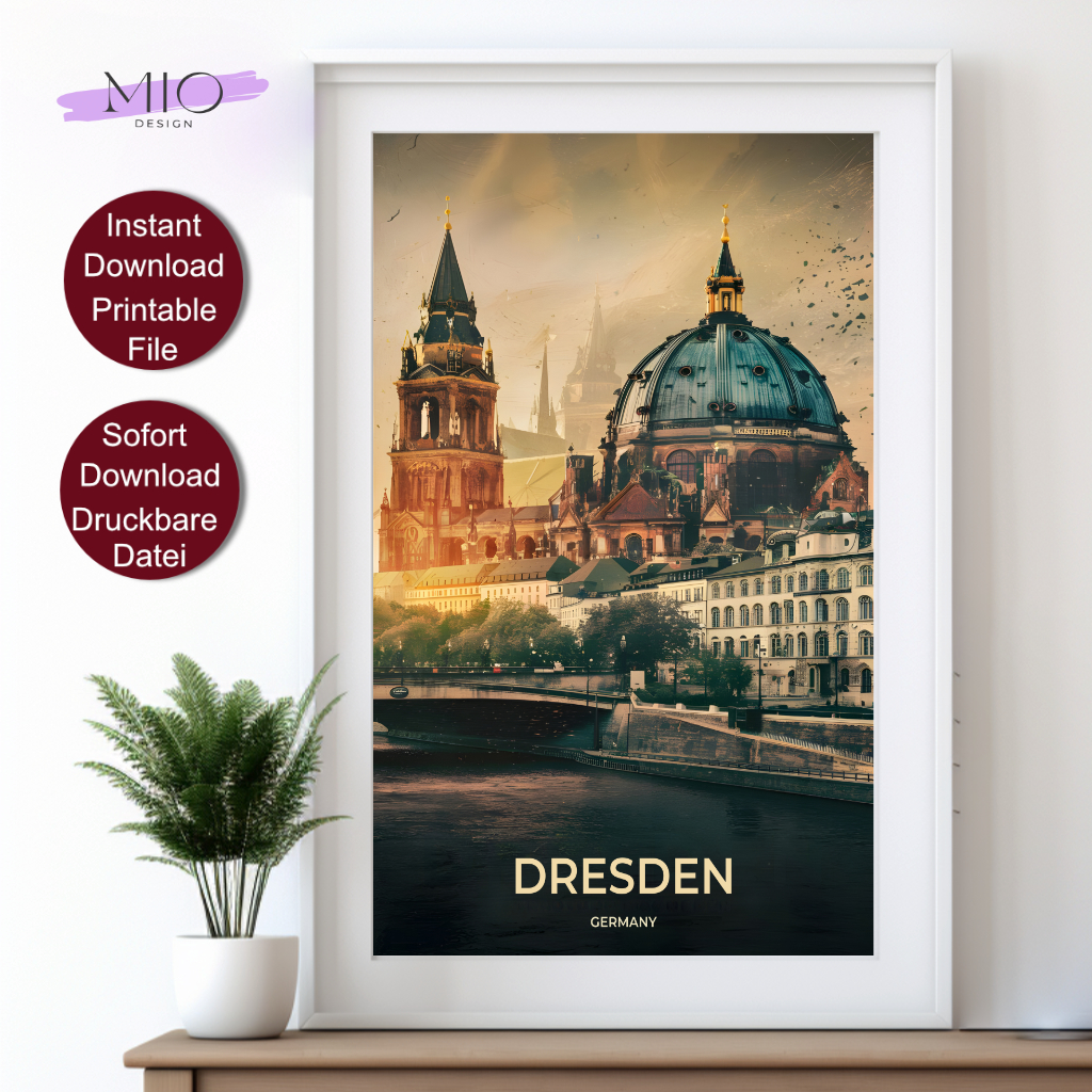 Retro Travel Poster von Dresden mit Blick auf die Elbe und historische Gebäude im Sonnenuntergang, betitelt mit 'DRESDEN GERMANY'.