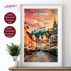 Vintage Reise Poster von Salzburg bei Sonnenuntergang mit Blick auf die Festung Hohensalzburg und historische Gebäude in der Altstadt.