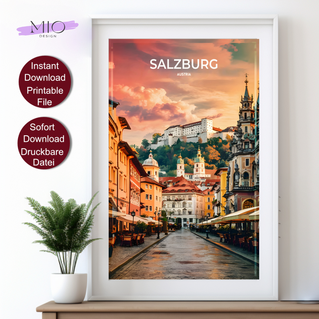 Vintage Reise Poster von Salzburg bei Sonnenuntergang mit Blick auf die Festung Hohensalzburg und historische Gebäude in der Altstadt.