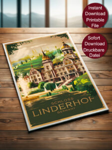 Retro Travel Poster von Schloss Linderhof in Deutschland mit goldener Kuppel, Fontäne und Garten vor grünen Hügeln mit dem Text 'Schloss Linderhof Germany'.