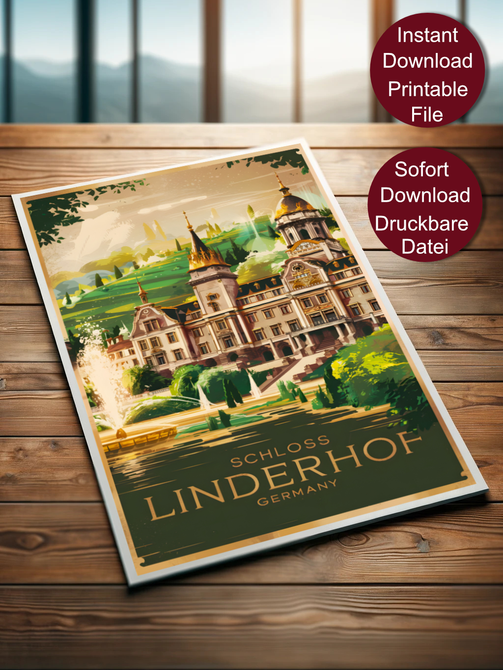 Retro Travel Poster von Schloss Linderhof in Deutschland mit goldener Kuppel, Fontäne und Garten vor grünen Hügeln mit dem Text 'Schloss Linderhof Germany'.