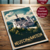 Retro Stil Reise Poster von Schloss Neuschwanstein in Bayern, Deutschland, mit Alpen im Hintergrund und der Aufschrift 'NEUSCHWANSTEIN GERMANY' in goldenen Lettern.