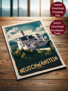 Retro Stil Reise Poster von Schloss Neuschwanstein in Bayern, Deutschland, mit Alpen im Hintergrund und der Aufschrift 'NEUSCHWANSTEIN GERMANY' in goldenen Lettern.