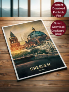 Retro Travel Poster von Dresden mit Blick auf die Elbe und historische Gebäude im Sonnenuntergang, betitelt mit 'DRESDEN GERMANY'.