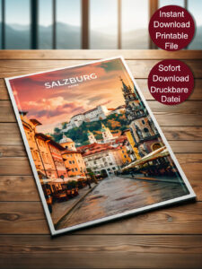 Vintage Reise Poster von Salzburg bei Sonnenuntergang mit Blick auf die Festung Hohensalzburg und historische Gebäude in der Altstadt.