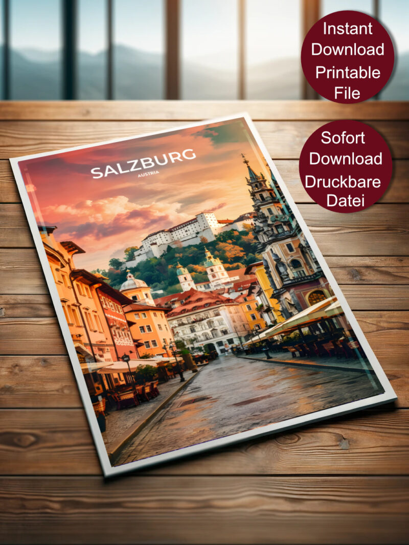 Vintage Reise Poster von Salzburg bei Sonnenuntergang mit Blick auf die Festung Hohensalzburg und historische Gebäude in der Altstadt.