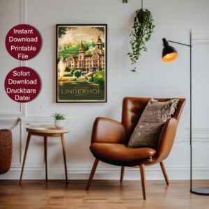 Retro Travel Poster von Schloss Linderhof in Deutschland mit goldener Kuppel, Fontäne und Garten vor grünen Hügeln mit dem Text 'Schloss Linderhof Germany'.
