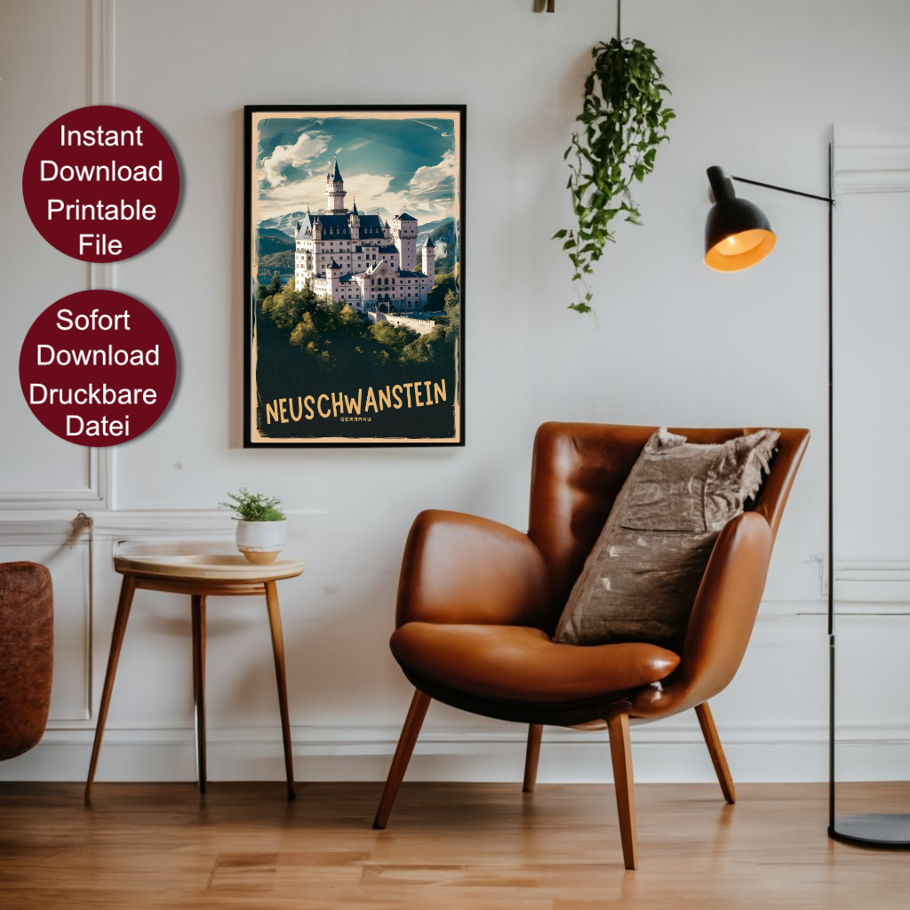 Retro Stil Reise Poster von Schloss Neuschwanstein in Bayern, Deutschland, mit Alpen im Hintergrund und der Aufschrift 'NEUSCHWANSTEIN GERMANY' in goldenen Lettern.
