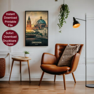 Retro Travel Poster von Dresden mit Blick auf die Elbe und historische Gebäude im Sonnenuntergang, betitelt mit 'DRESDEN GERMANY'.