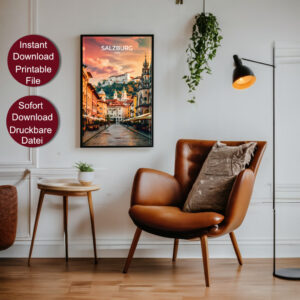 Vintage Reise Poster von Salzburg bei Sonnenuntergang mit Blick auf die Festung Hohensalzburg und historische Gebäude in der Altstadt.