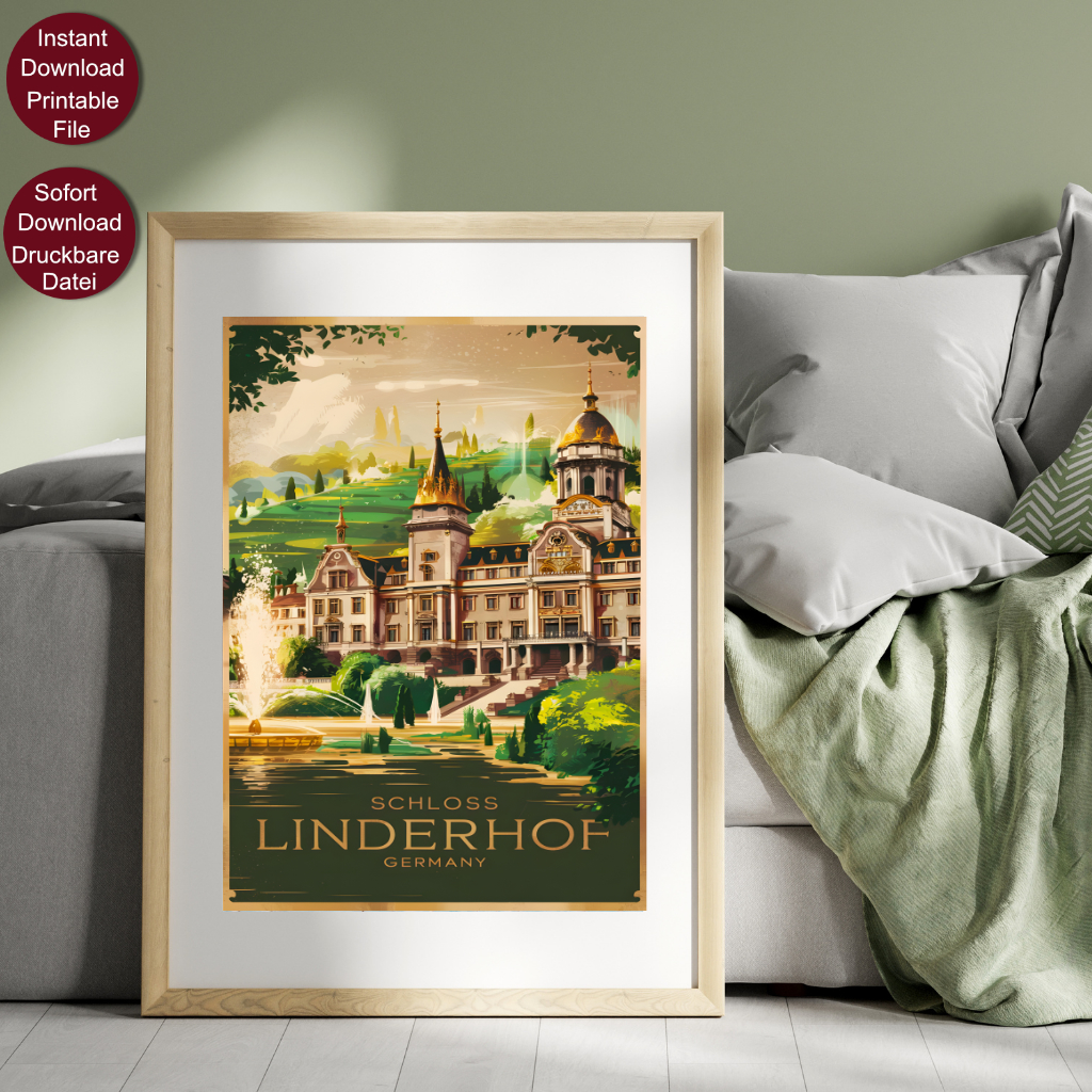 Retro Travel Poster von Schloss Linderhof in Deutschland mit goldener Kuppel, Fontäne und Garten vor grünen Hügeln mit dem Text 'Schloss Linderhof Germany'.