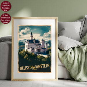 Retro Stil Reise Poster von Schloss Neuschwanstein in Bayern, Deutschland, mit Alpen im Hintergrund und der Aufschrift 'NEUSCHWANSTEIN GERMANY' in goldenen Lettern.