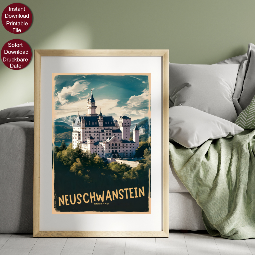 Retro Stil Reise Poster von Schloss Neuschwanstein in Bayern, Deutschland, mit Alpen im Hintergrund und der Aufschrift 'NEUSCHWANSTEIN GERMANY' in goldenen Lettern.