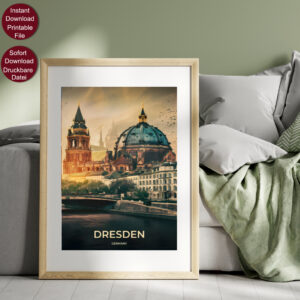 Retro Travel Poster von Dresden mit Blick auf die Elbe und historische Gebäude im Sonnenuntergang, betitelt mit 'DRESDEN GERMANY'.