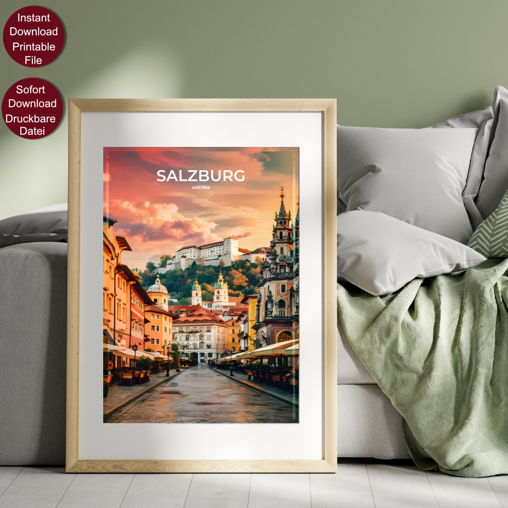Vintage Reise Poster von Salzburg bei Sonnenuntergang mit Blick auf die Festung Hohensalzburg und historische Gebäude in der Altstadt.