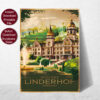Retro Travel Poster von Schloss Linderhof in Deutschland mit goldener Kuppel, Fontäne und Garten vor grünen Hügeln mit dem Text 'Schloss Linderhof Germany'.
