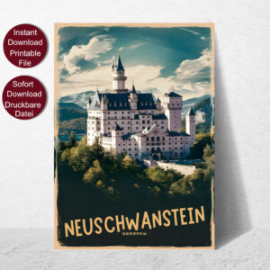 Retro Stil Reise Poster von Schloss Neuschwanstein in Bayern, Deutschland, mit Alpen im Hintergrund und der Aufschrift 'NEUSCHWANSTEIN GERMANY' in goldenen Lettern.