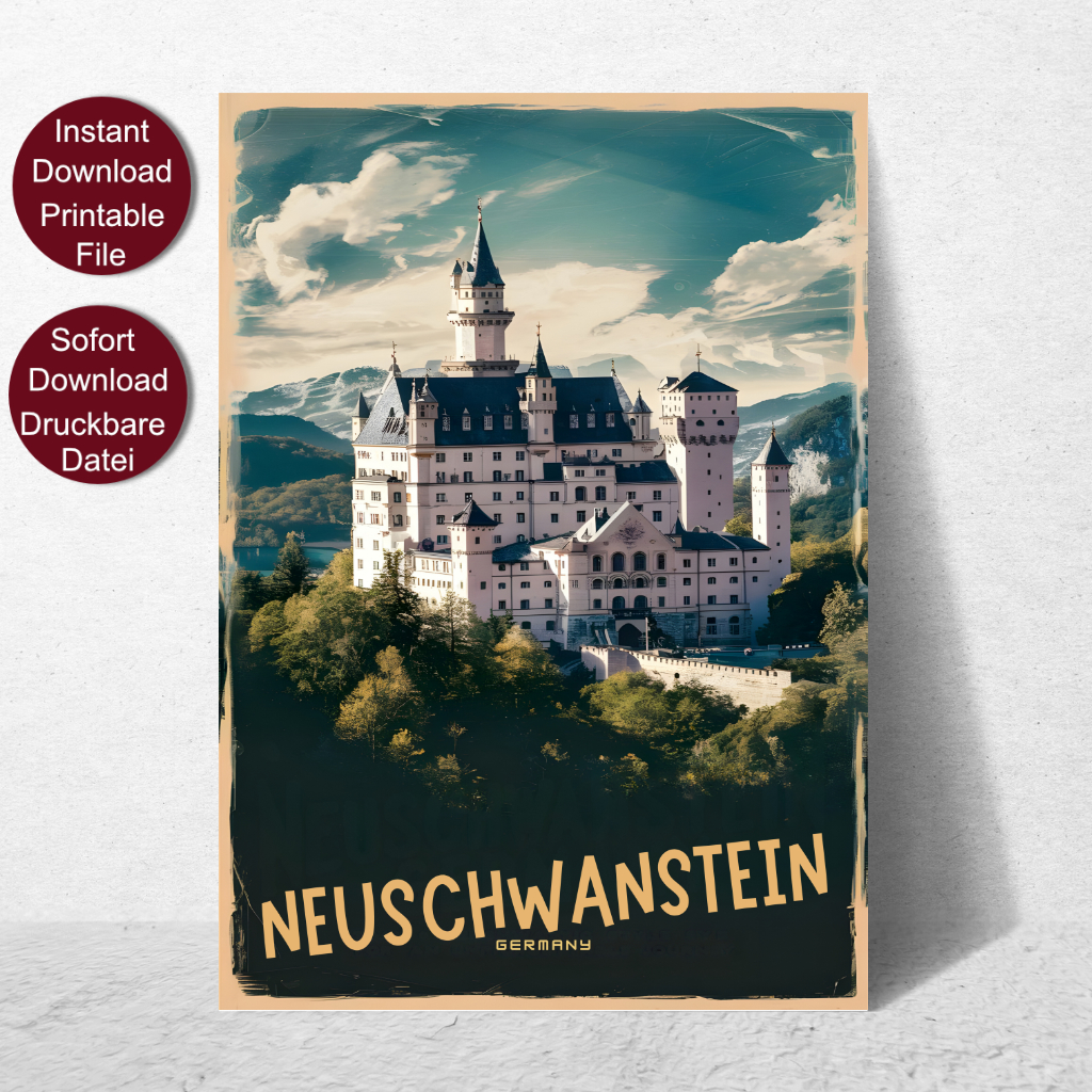 Retro Stil Reise Poster von Schloss Neuschwanstein in Bayern, Deutschland, mit Alpen im Hintergrund und der Aufschrift 'NEUSCHWANSTEIN GERMANY' in goldenen Lettern.