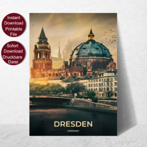 Retro Travel Poster von Dresden mit Blick auf die Elbe und historische Gebäude im Sonnenuntergang, betitelt mit 'DRESDEN GERMANY'.