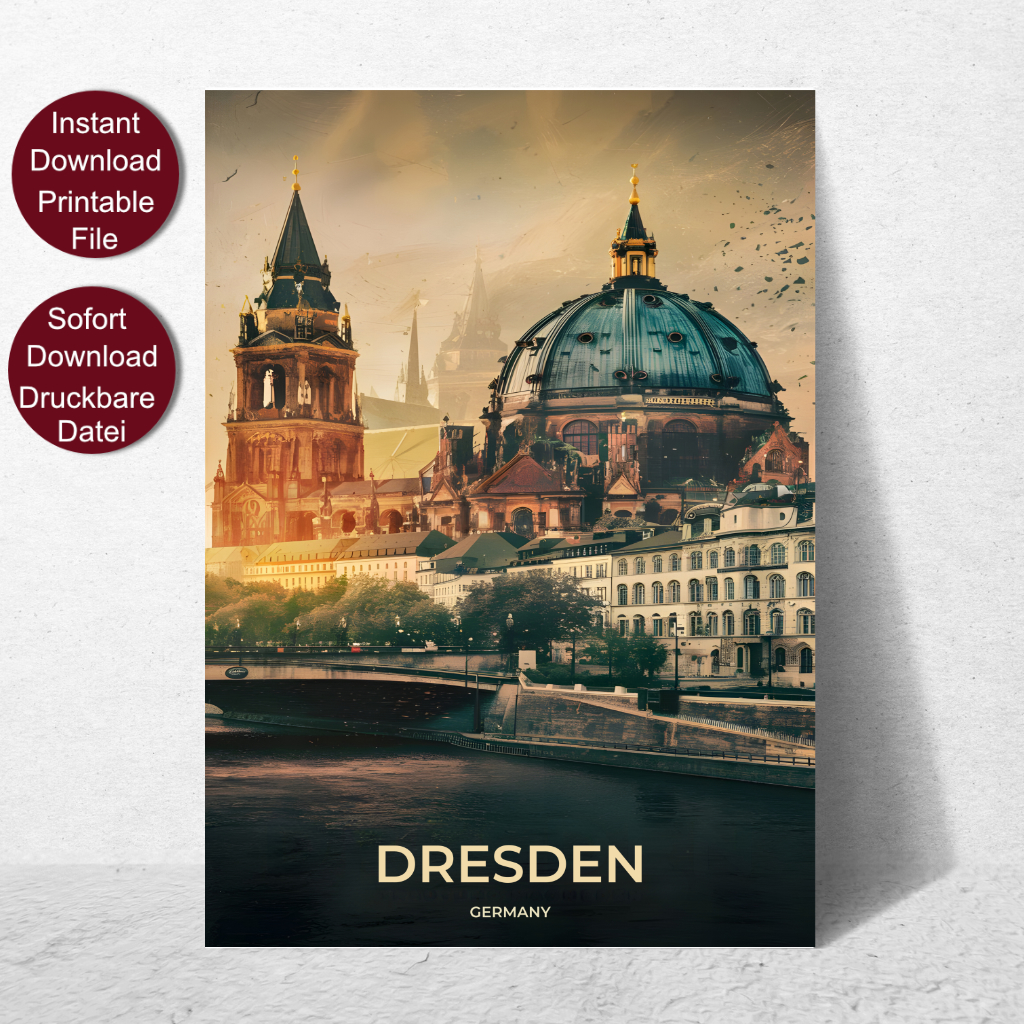 Retro Travel Poster von Dresden mit Blick auf die Elbe und historische Gebäude im Sonnenuntergang, betitelt mit 'DRESDEN GERMANY'.