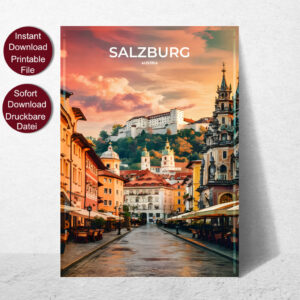 Vintage Reise Poster von Salzburg bei Sonnenuntergang mit Blick auf die Festung Hohensalzburg und historische Gebäude in der Altstadt.